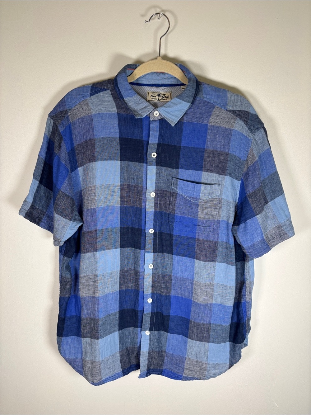 True Grit Blue Plaid Short Sleeve Button-Up Shirt Lined Men's Size Large